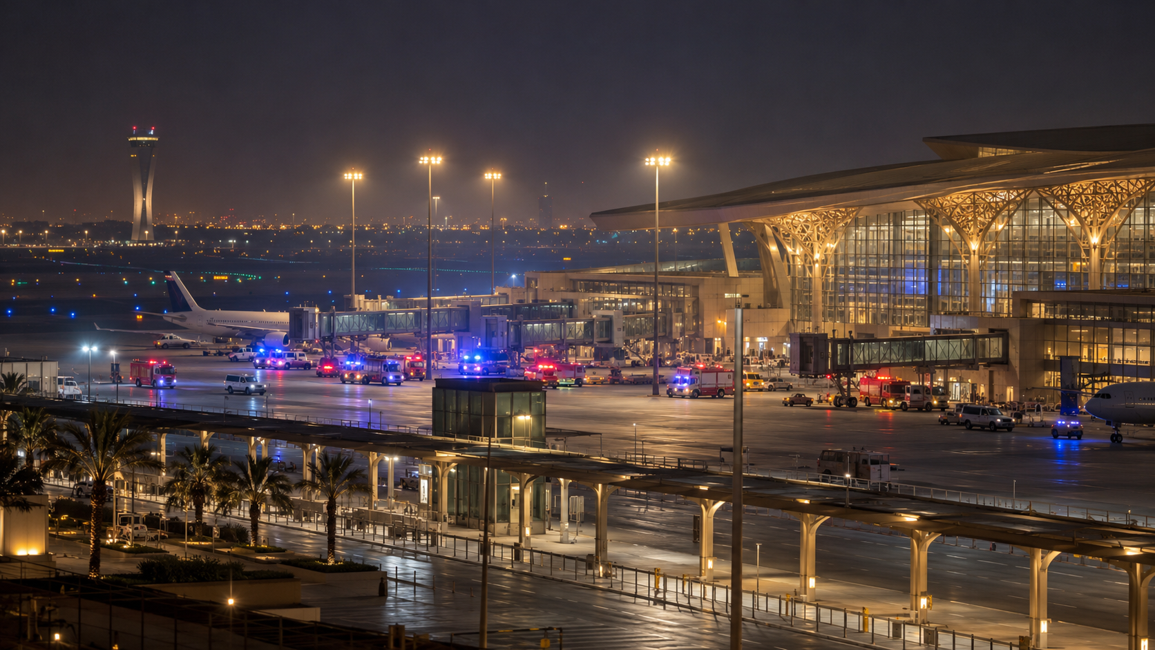 Airport at night with emergency vehicles near a terminal