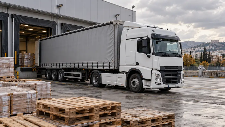 A white truck and trailer at a warehouse loading area beside wooden pallets