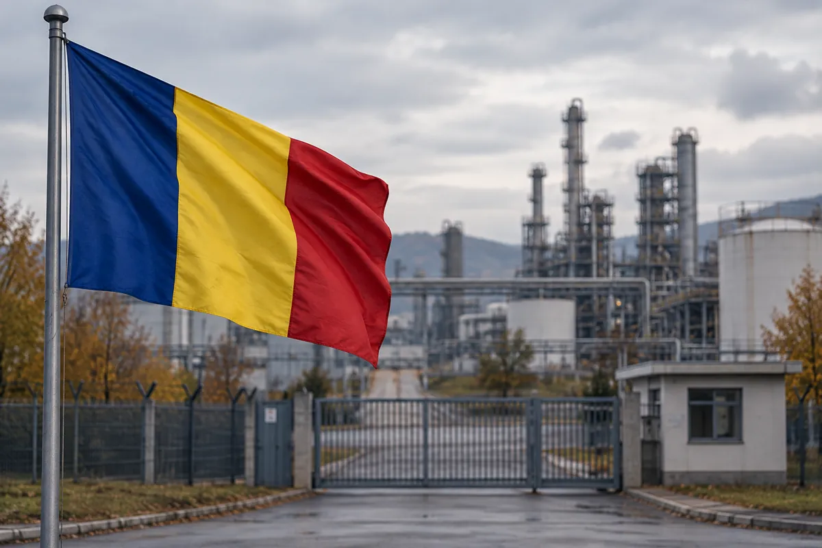 A Romanian flag in front of a fenced industrial complex
