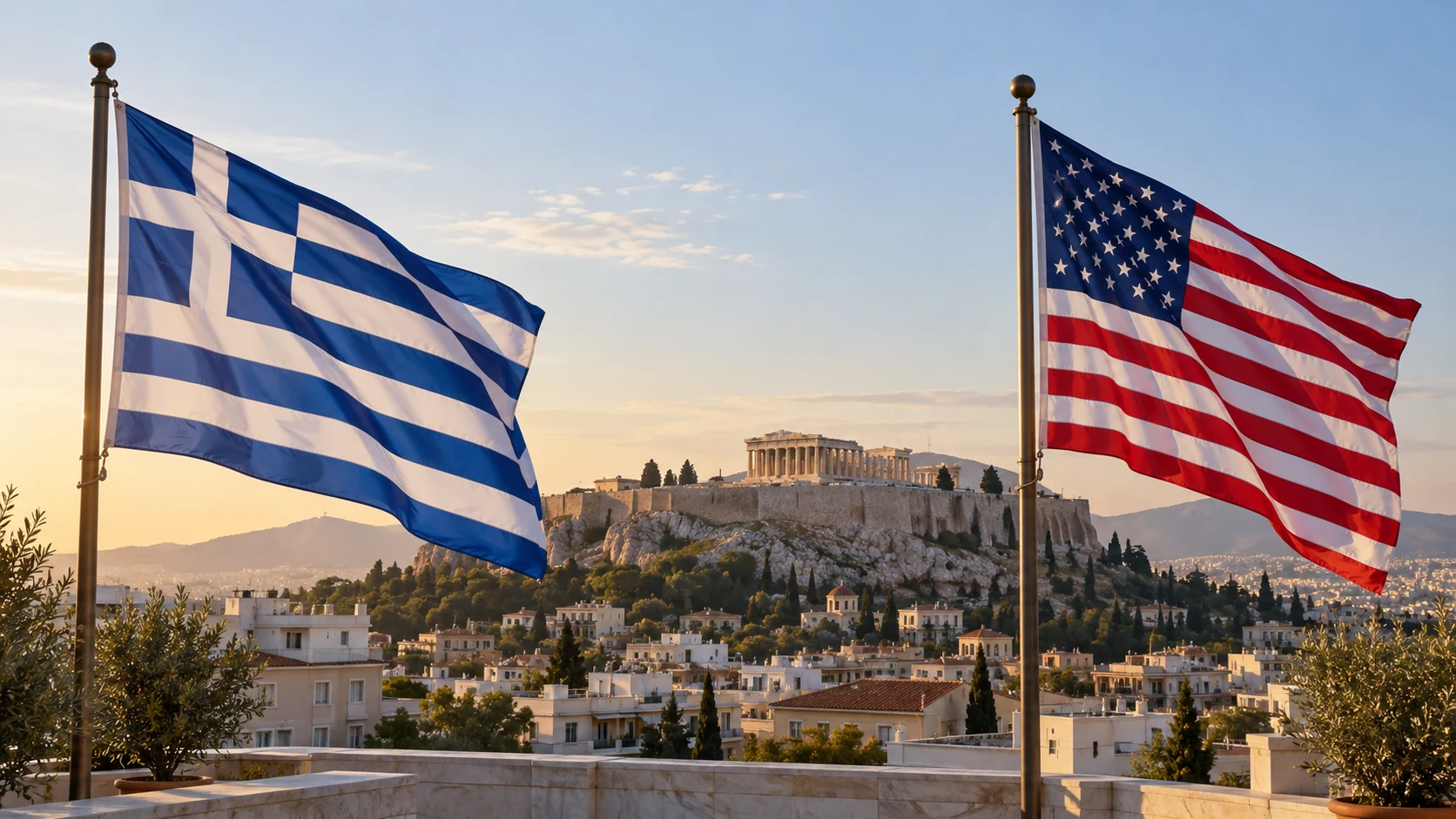 Greek and US flags with the Acropolis in the background
