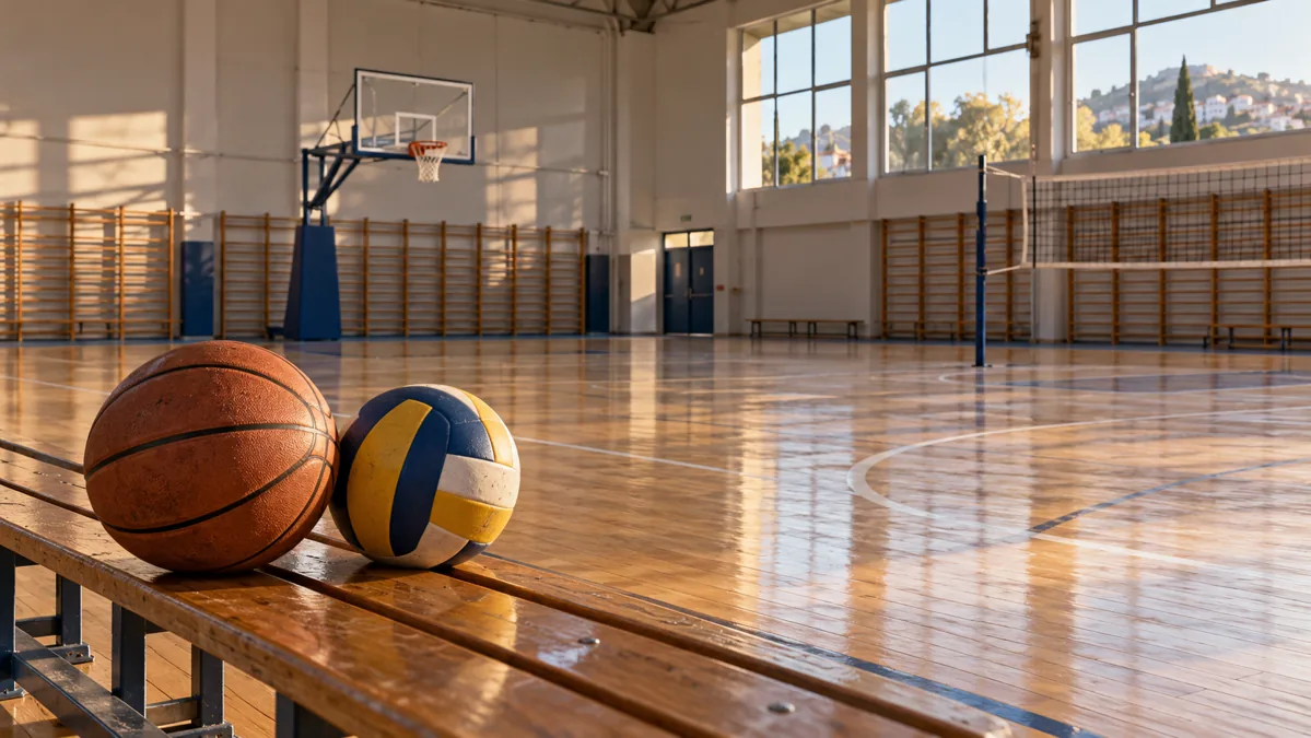 Empty school gym with sports equipment