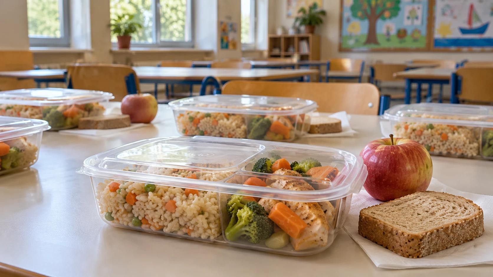 Packaged school meals with vegetables, rice, bread and fruit on a clean table