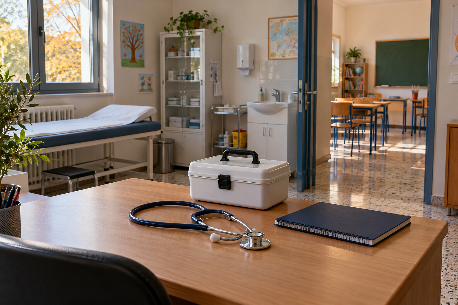 Stethoscope and first-aid case on a school medical-room desk beside a classroom