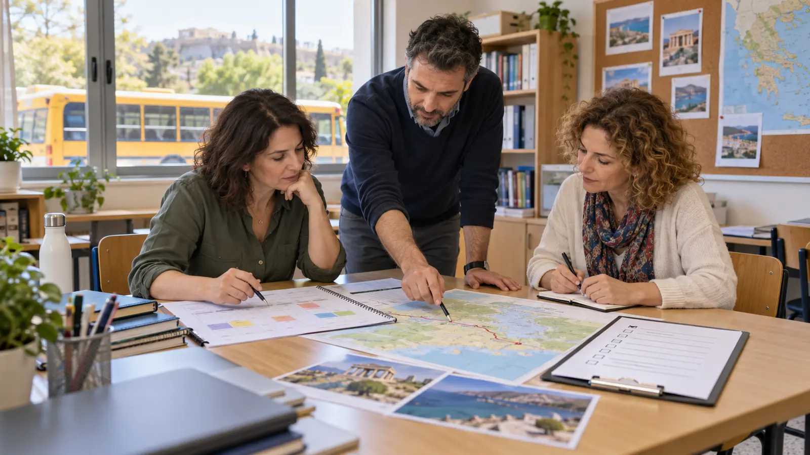 Teachers plan a school trip with a map, checklist and school bus