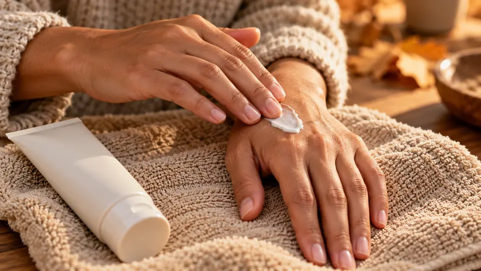 Hands applying cream beside an unbranded tube