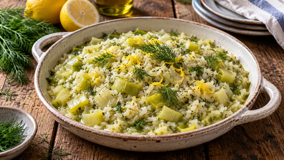 Leek rice with dill and lemon in a ceramic dish