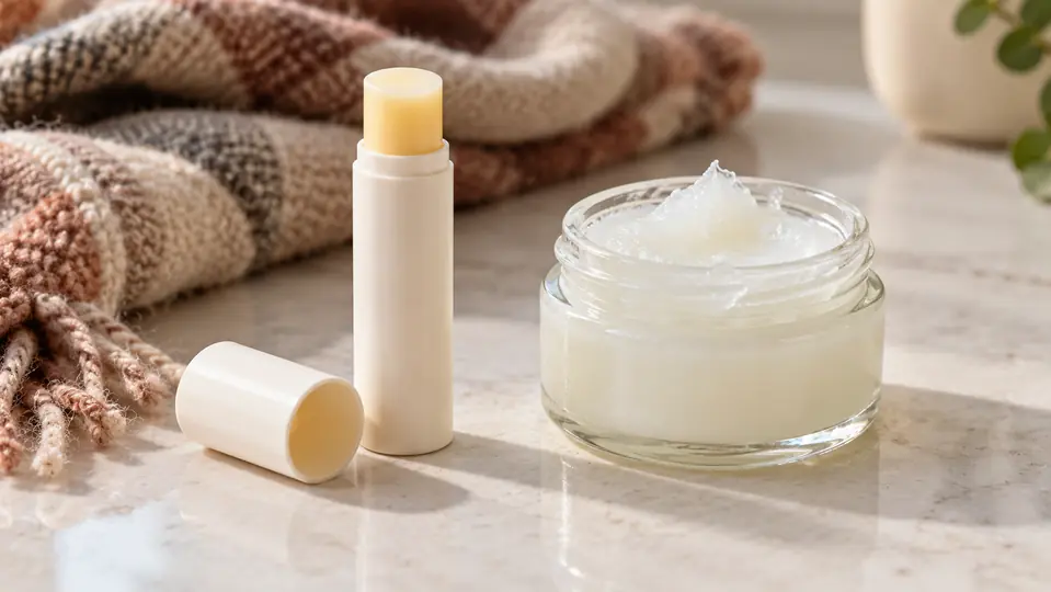 Unbranded lip balm and a jar of white petroleum jelly