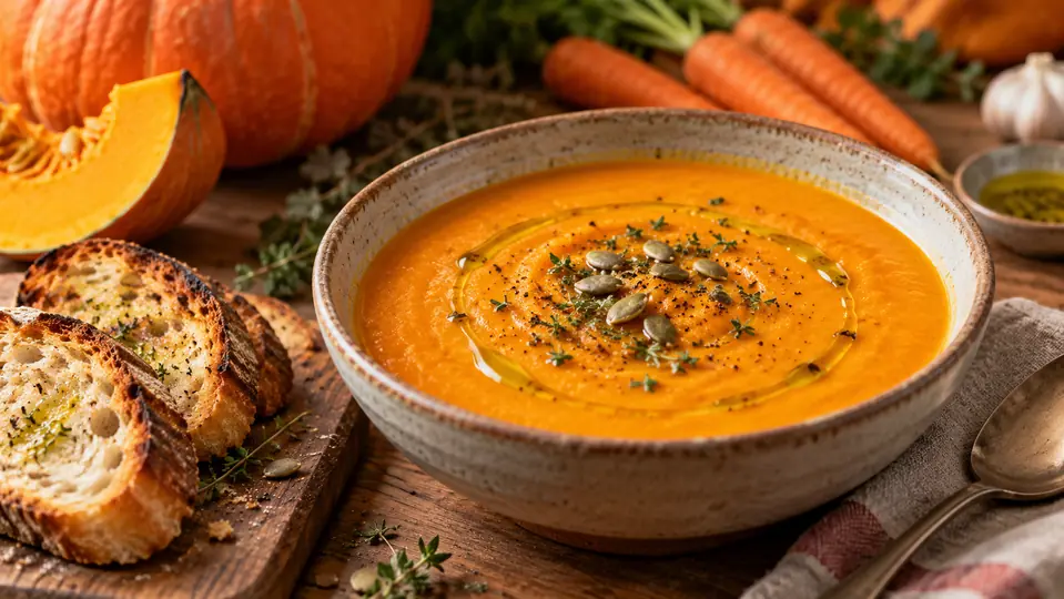 Orange pumpkin soup in a ceramic bowl with bread