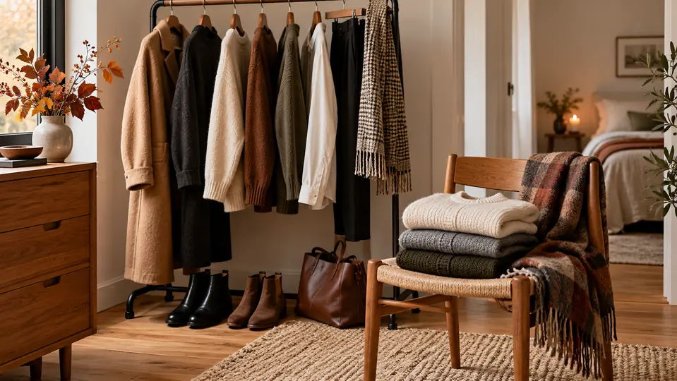 Organised coats, knitwear and shoes in a small wardrobe