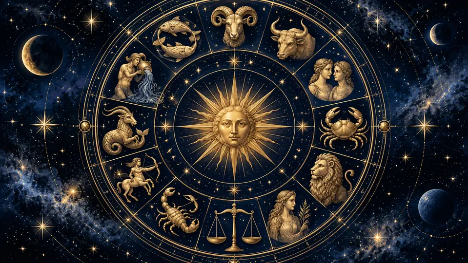 Decorative zodiac wheel in blue and gold