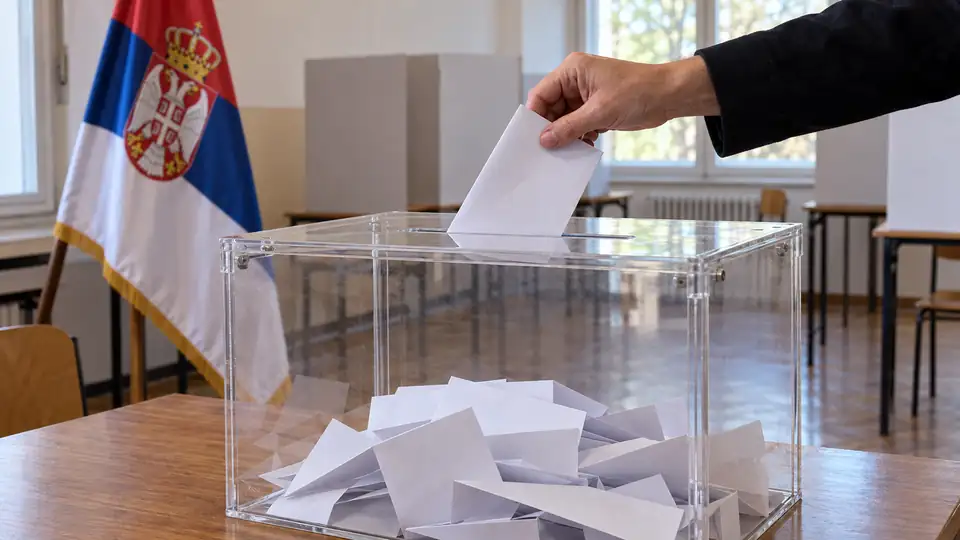 Ballot held above a transparent ballot box with a Serbian flag behind