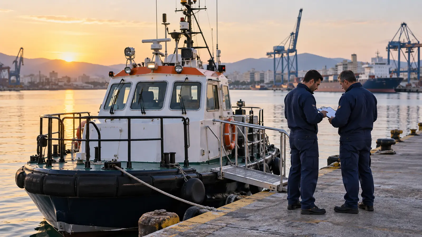 Port-service workers review documents beside a small professional vessel