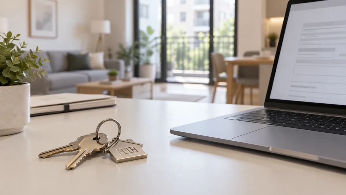 Apartment keys and a laptop displaying a form on a desk