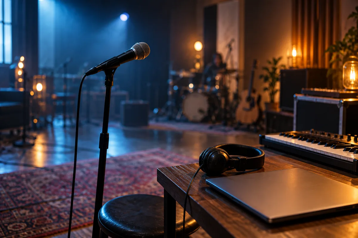 Microphone and headphones in a music rehearsal studio