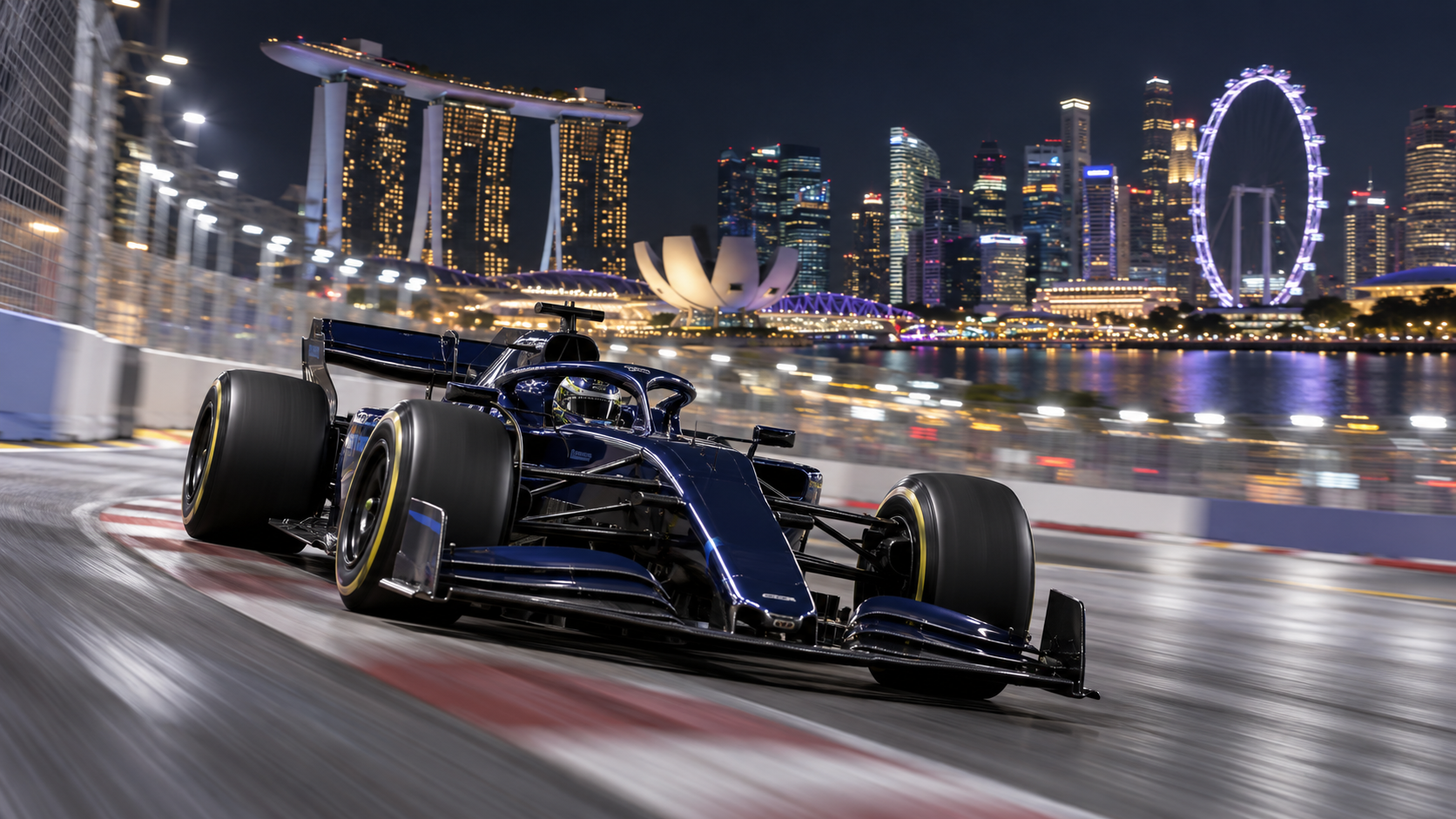 Dark racing single-seater on a floodlit circuit with Singapore’s skyline in the background