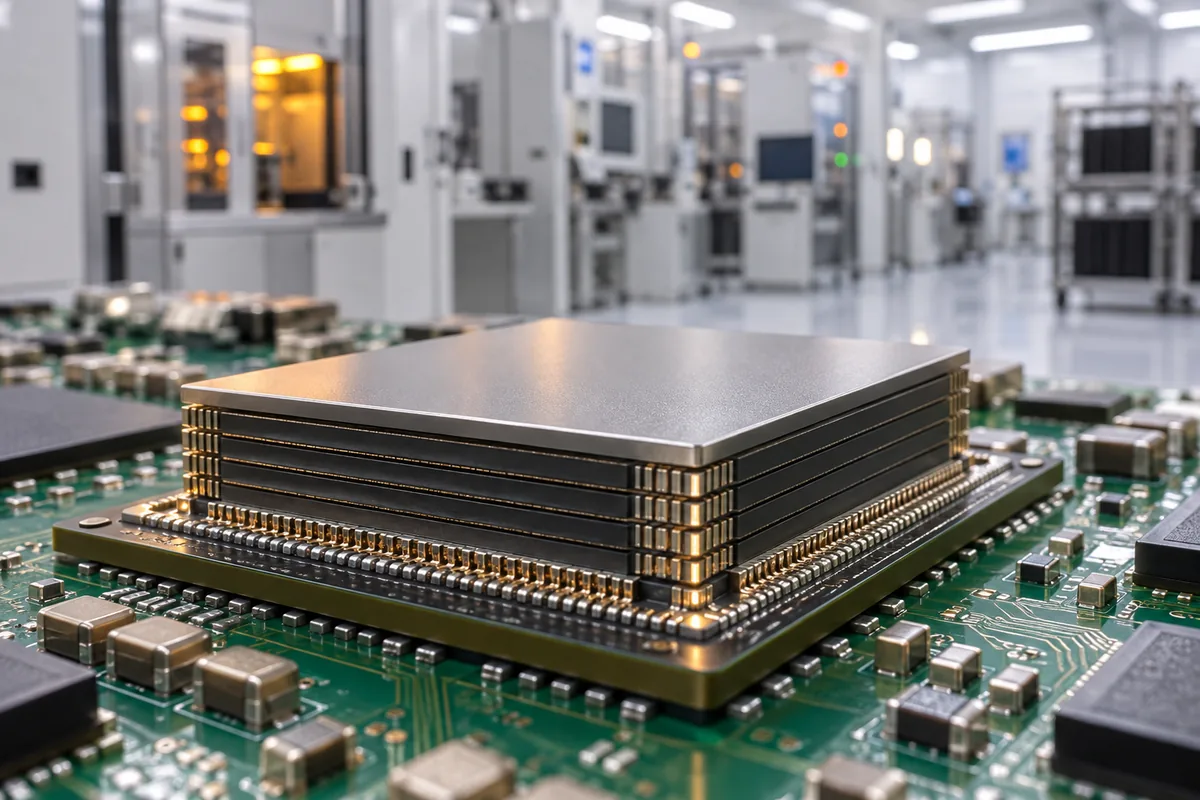 Stacked memory package on a circuit board with a laboratory in the background