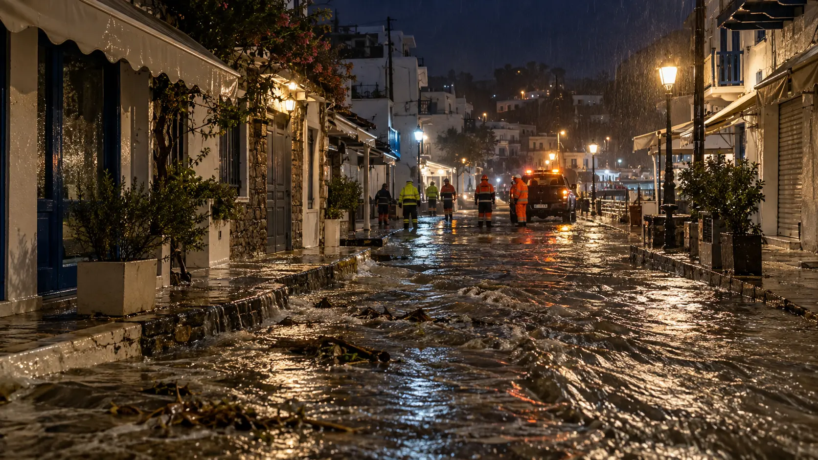Flooded island street at night with emergency crews in the distance