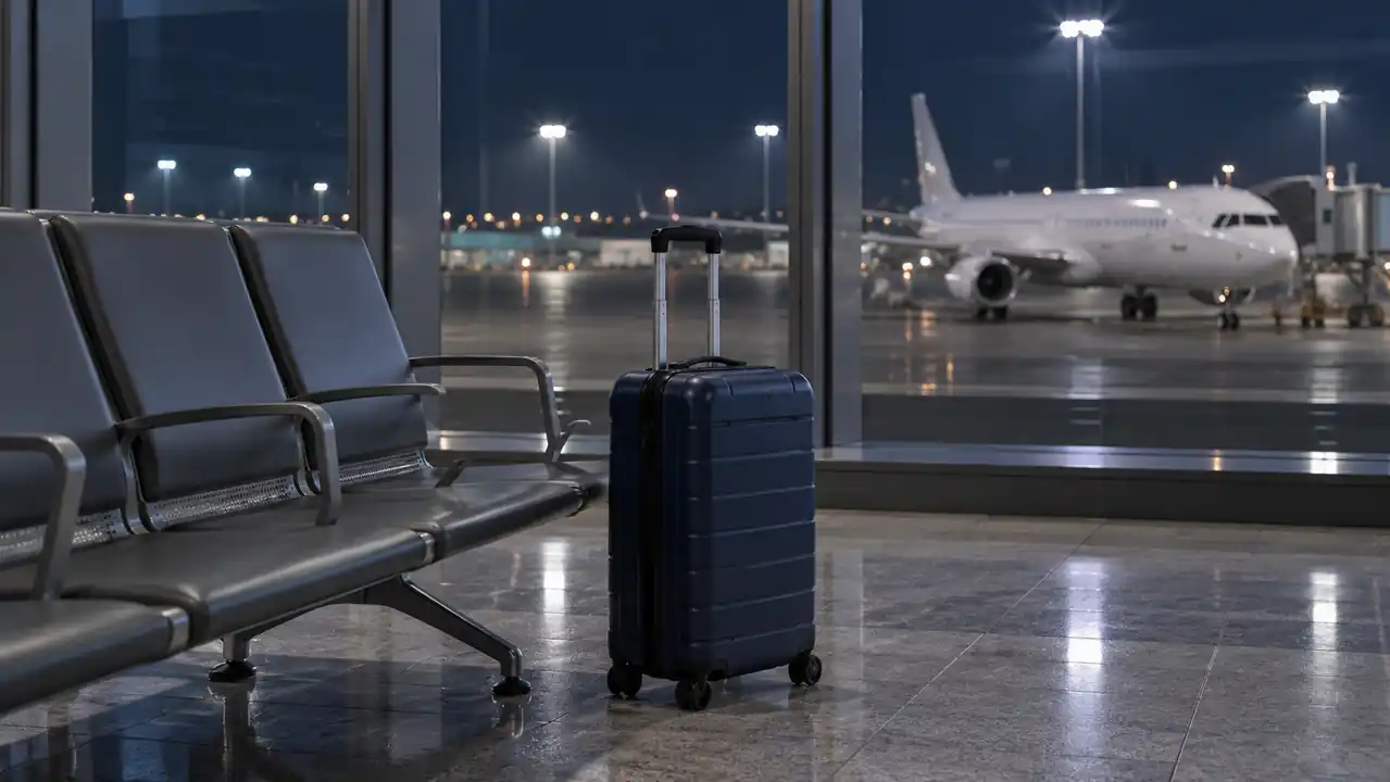 Blue carry-on suitcase beside empty airport seats, with a white passenger aircraft outside the window at night