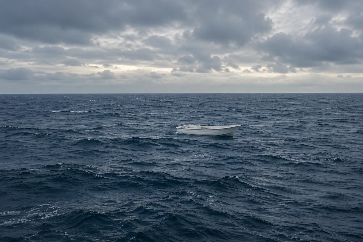 Small white boat on the open sea beneath an overcast sky