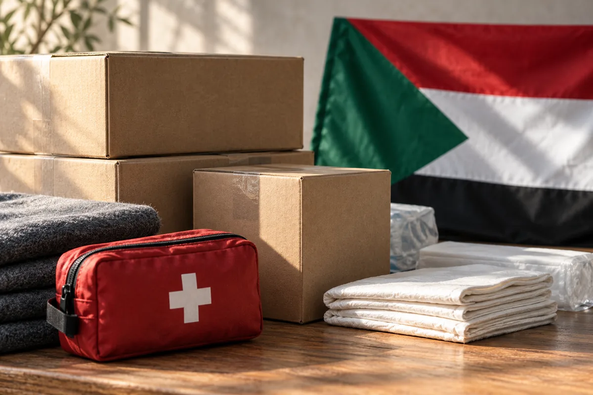Humanitarian supply boxes and a first-aid pouch with a Sudan flag in the background