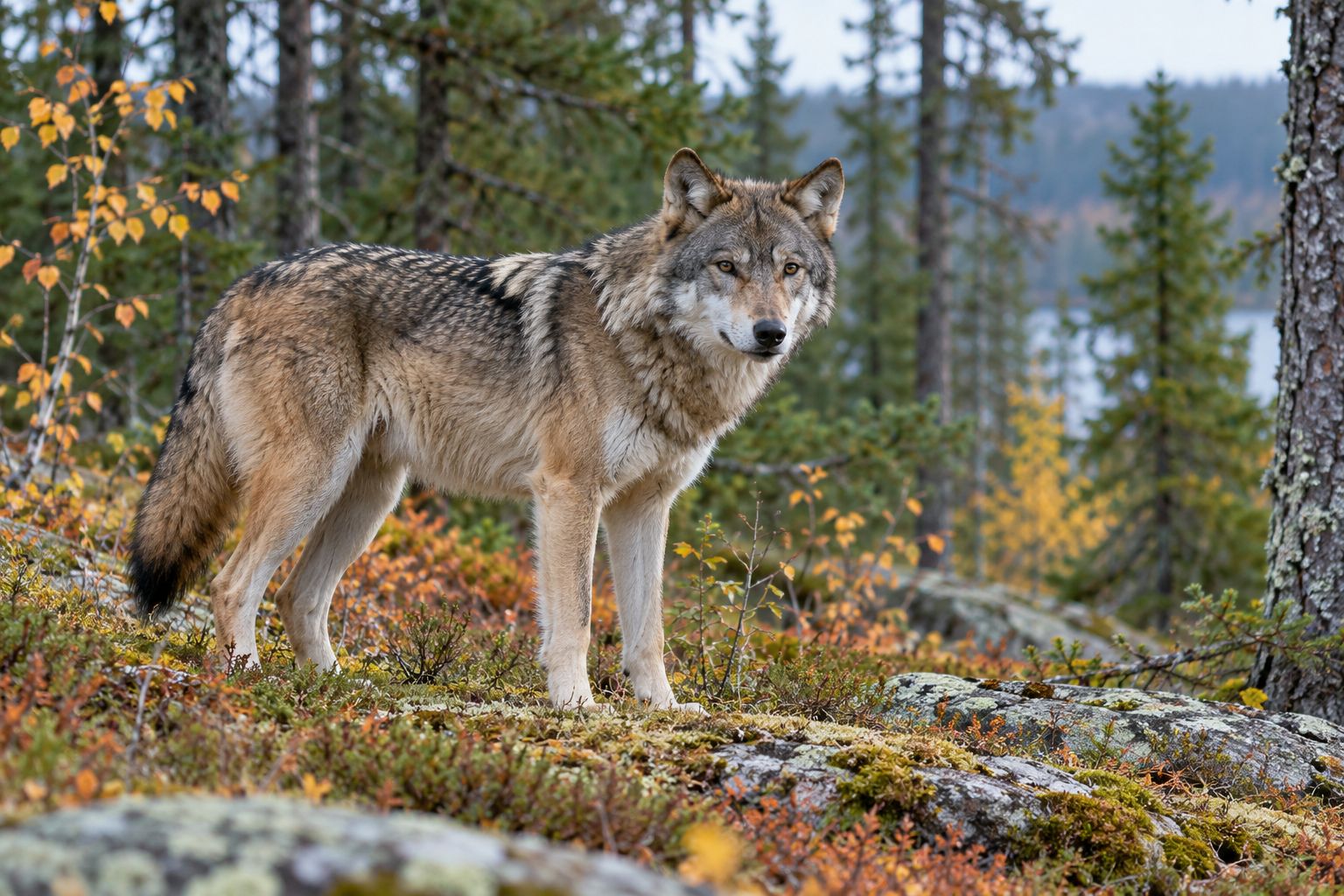 Grey wolf at the edge of a Scandinavian conifer forest