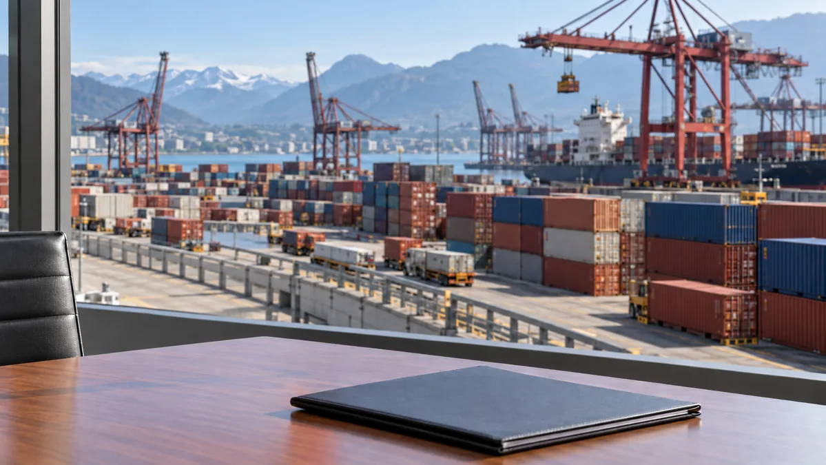 Freight containers and cranes at an international trade terminal