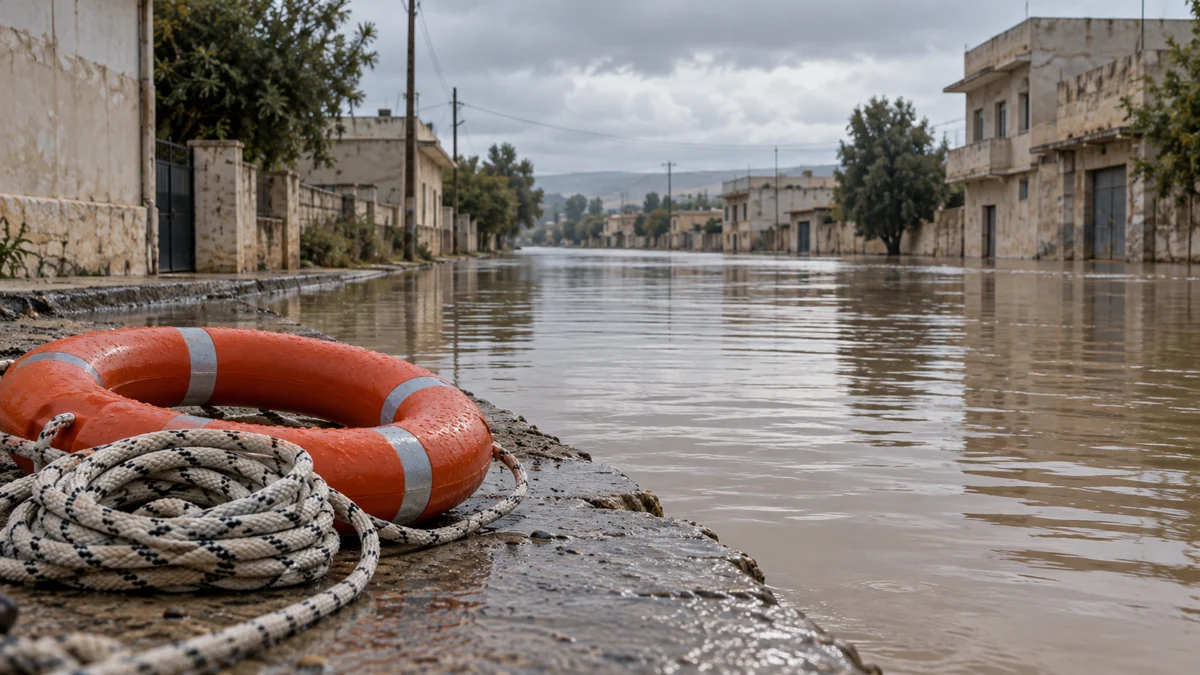 Life ring and rope beside a flooded road