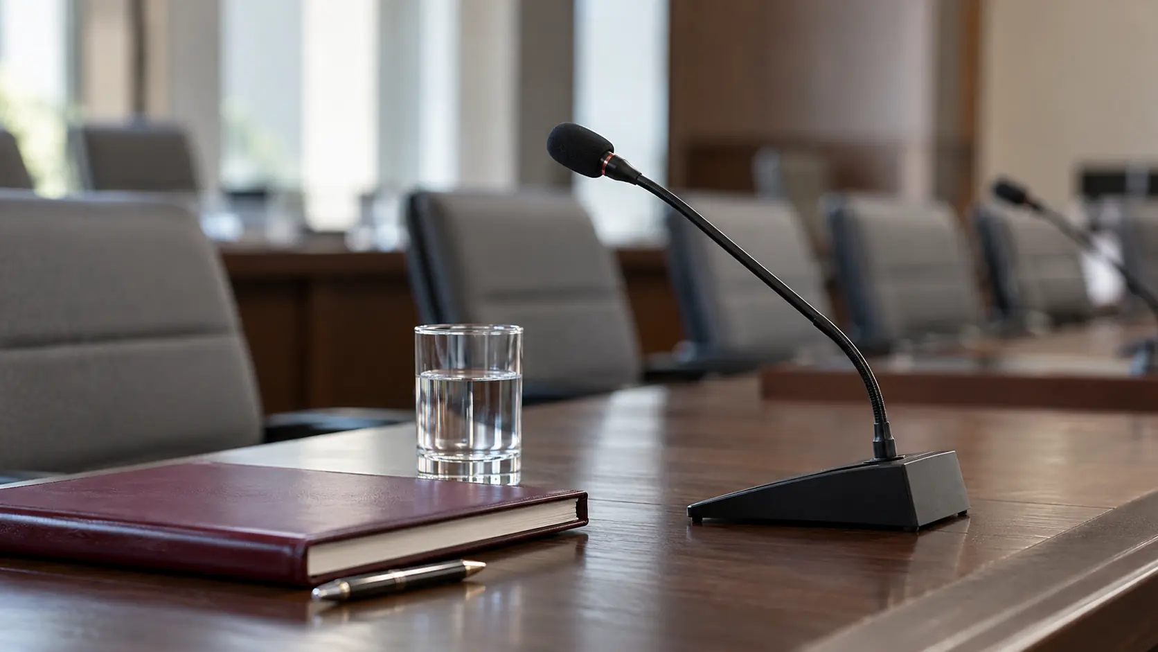 Microphone, burgundy notebook and glass of water on a table in an empty meeting room