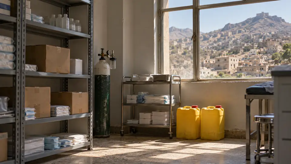 Medical storeroom with an oxygen cylinder and yellow water containers