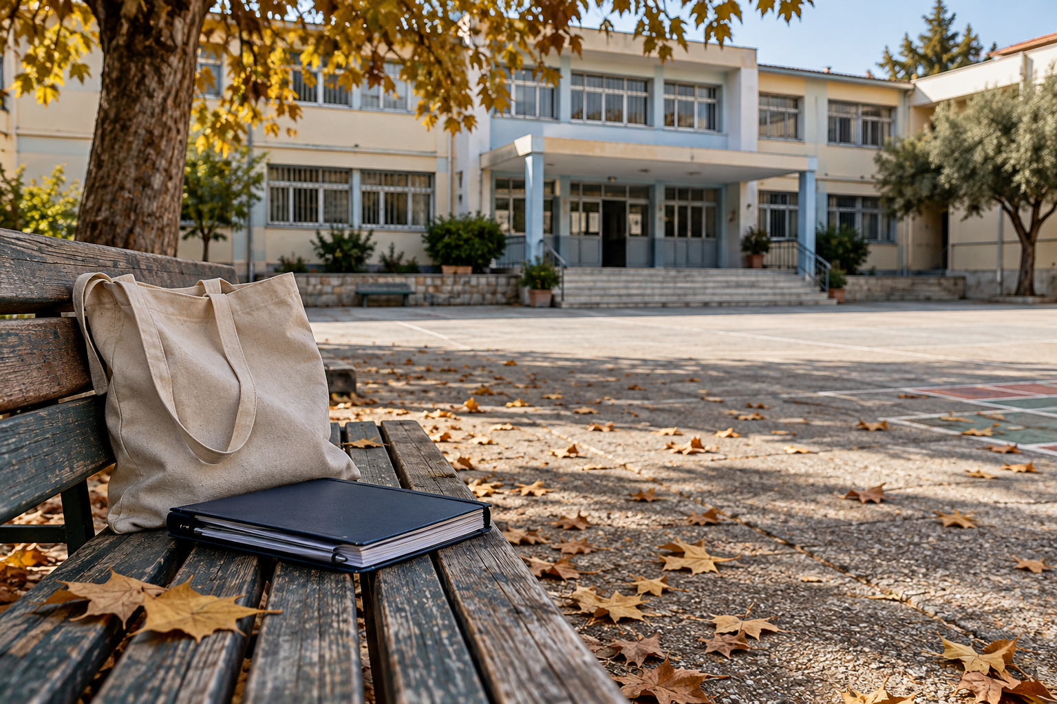 Empty school courtyard with a closed notebook and a bag on a bench