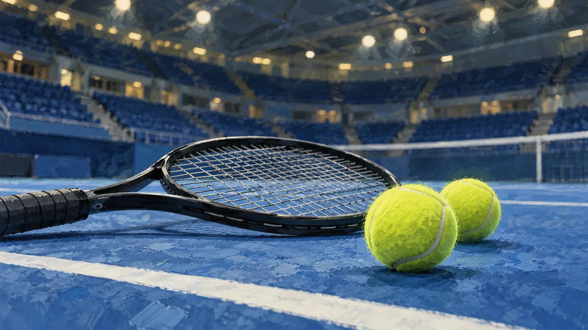 Illustration of a racket and tennis balls on an indoor court