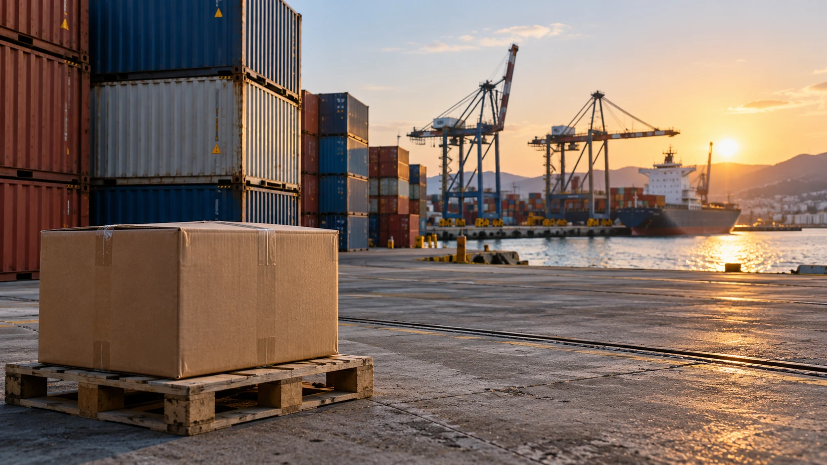 Shipping containers and packaged cargo at a commercial port