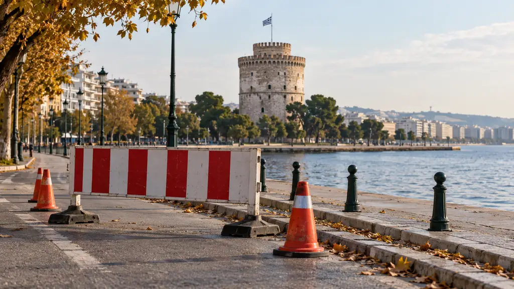 White Tower with a portable road barrier and cones in the foreground