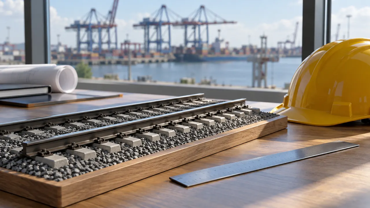Double-track railway model on a desk with a yellow safety helmet and port cranes in the background