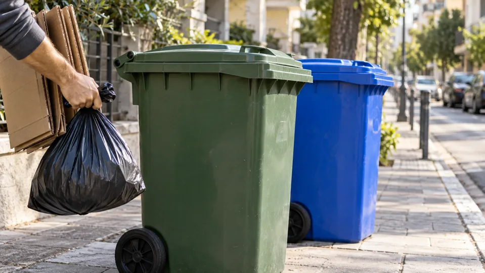 Closed green and blue bins beside a resident holding a rubbish bag and cardboard