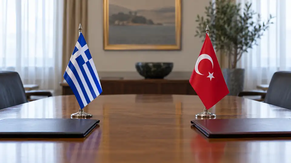 Small Greek and Turkish flags on an empty desk with closed document folders