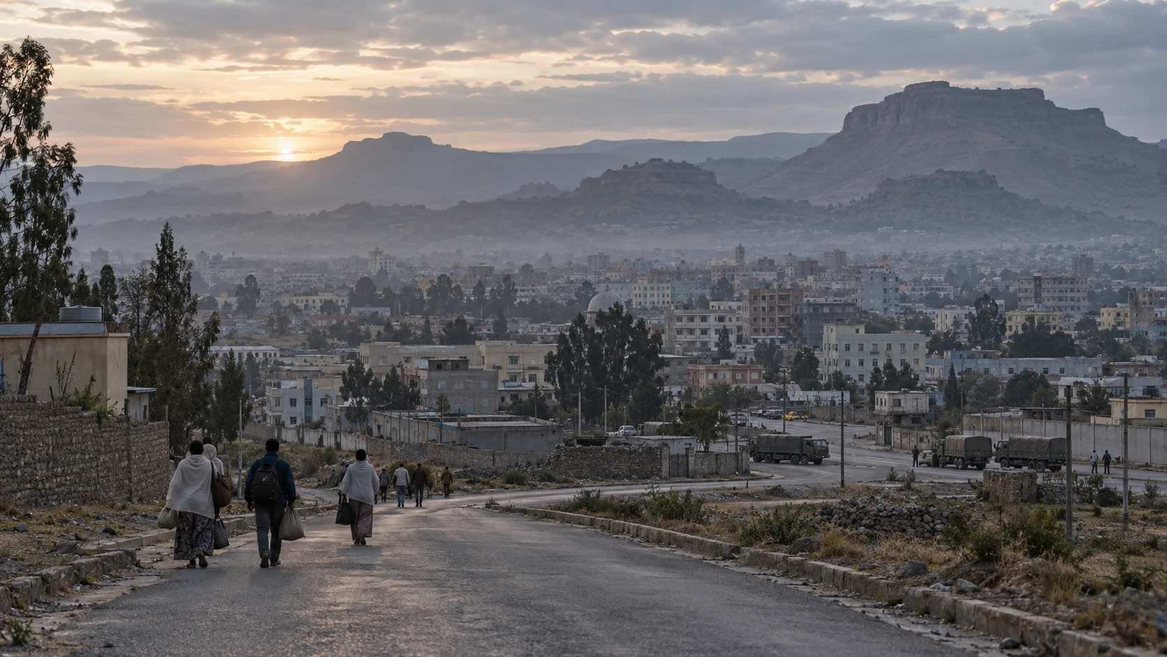 A city street and mountain landscape in northern Ethiopia