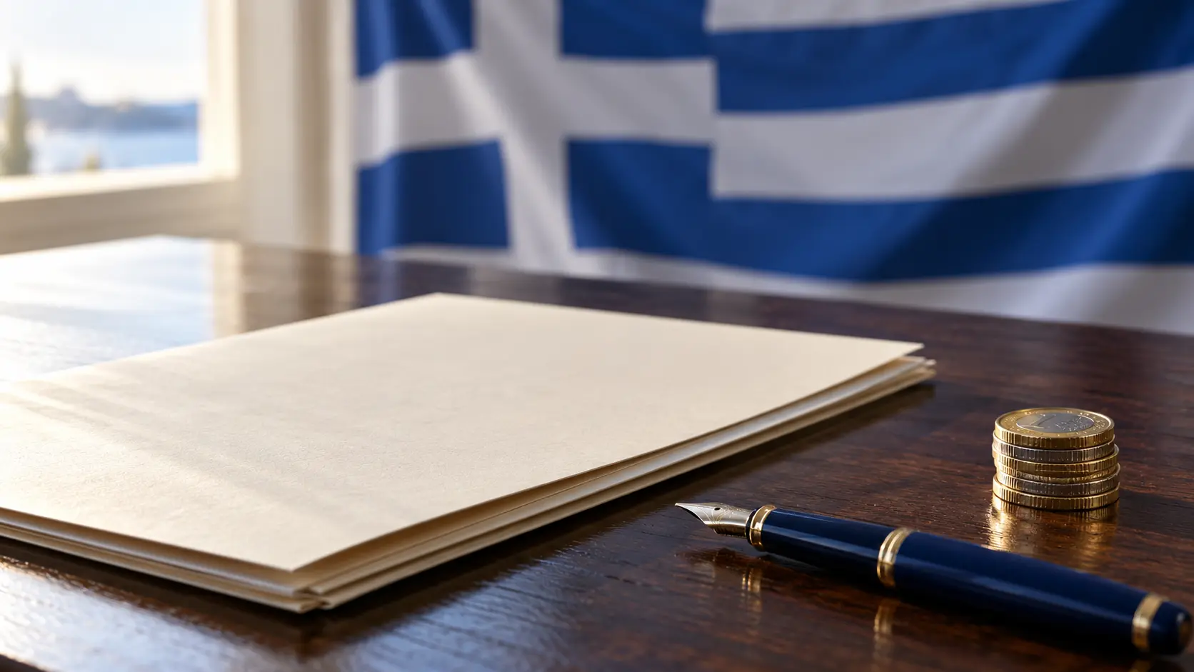 Blank document folder, fountain pen and coins in front of a Greek flag