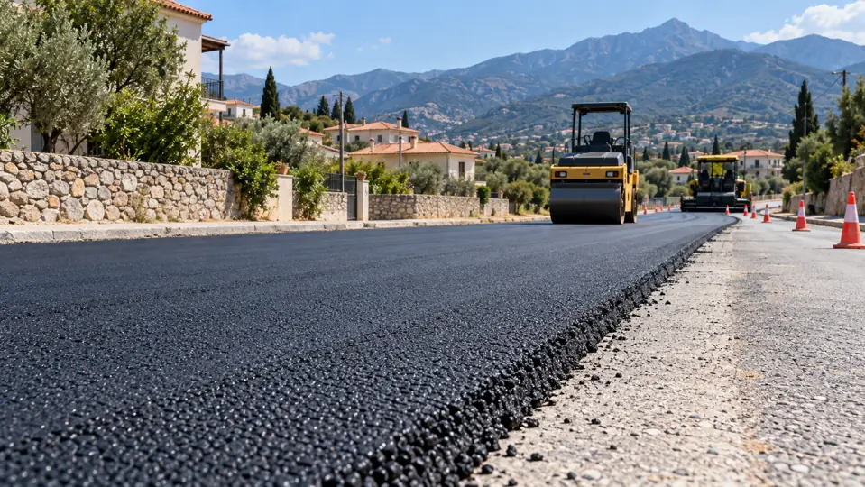 A generic municipal road with asphalt surfacing, a road roller and cones in a Peloponnese settlement