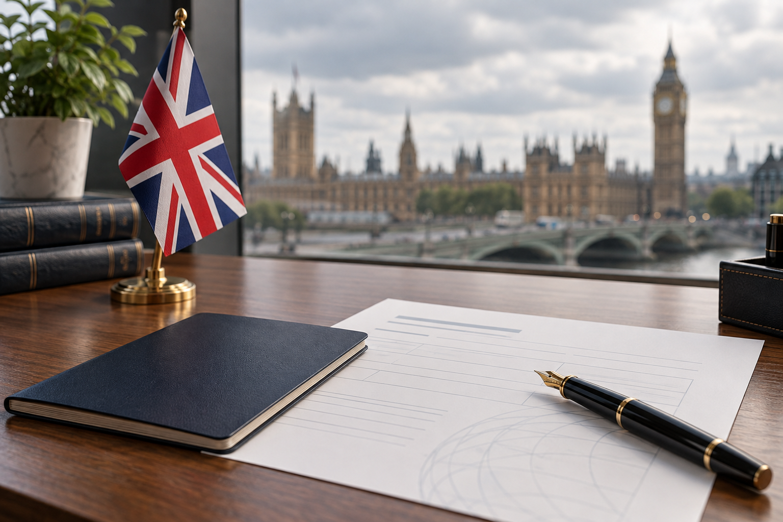 Closed booklet, abstract application and British desk flag overlooking London