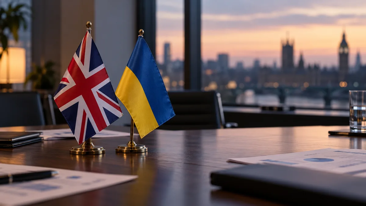 British and Ukrainian desk flags beside documents in an office