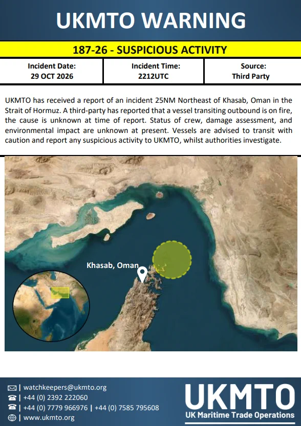 Official UKMTO Warning 187-26 and its map of the area northeast of Khasab