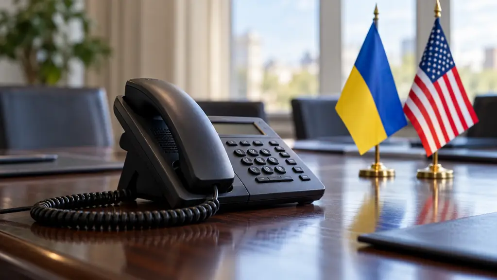 Telephone on an empty conference table with small Ukrainian and US flags in the background