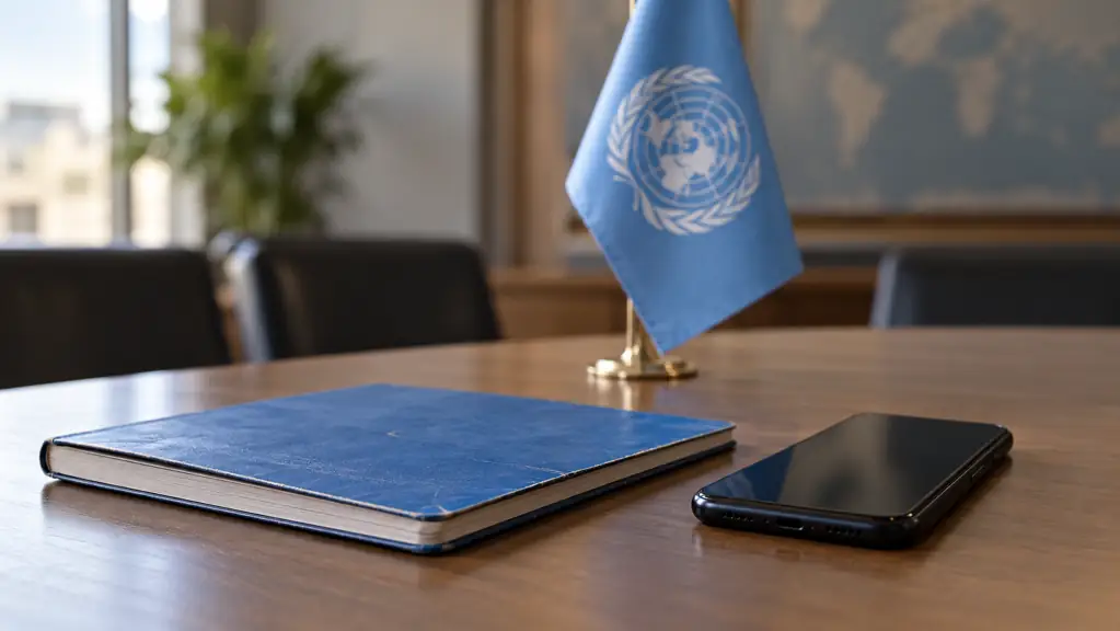 Blue school notebook and a phone with its screen off beside a United Nations flag