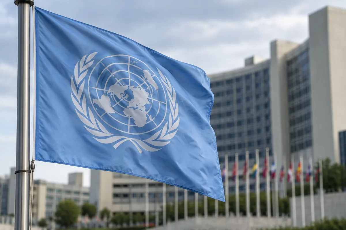 A pale blue United Nations flag outside an international institution building