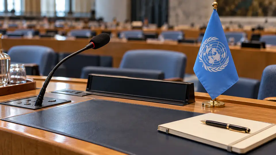Conference microphone, notebook and a blue UN flag on an empty delegate desk