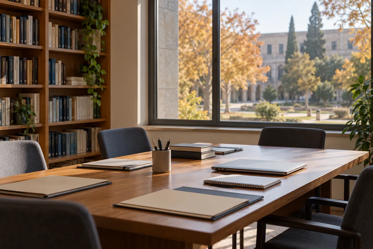 An empty university meeting room with folders and bookshelves