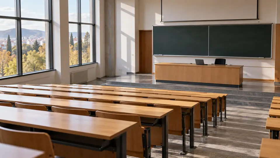 An empty university lecture theatre with wooden desks and a lecturer’s desk