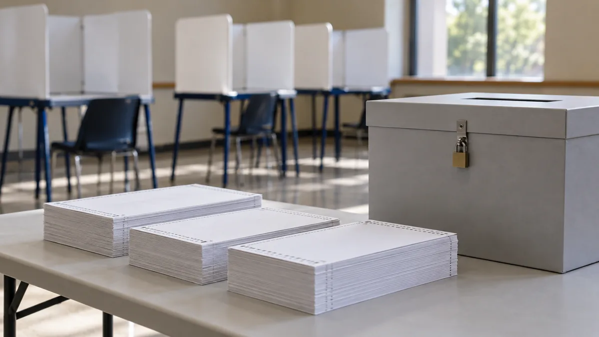 Ballot box and orderly stacks of paper in front of voting booths