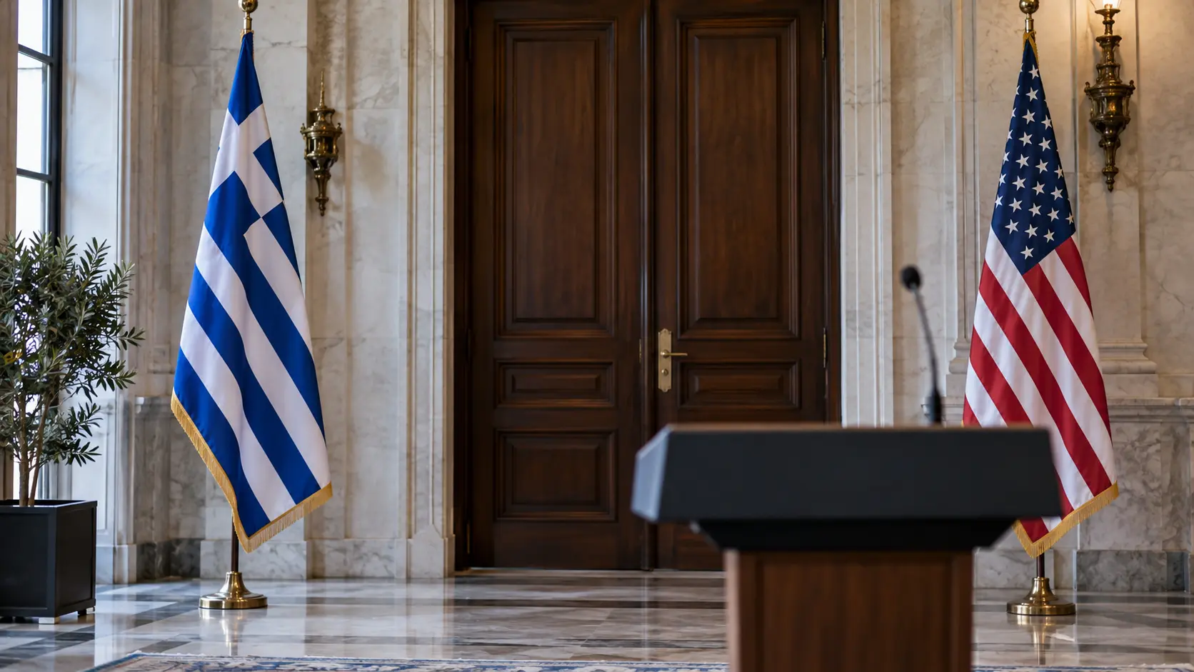 Greek and US flags in a statement room with an empty lectern